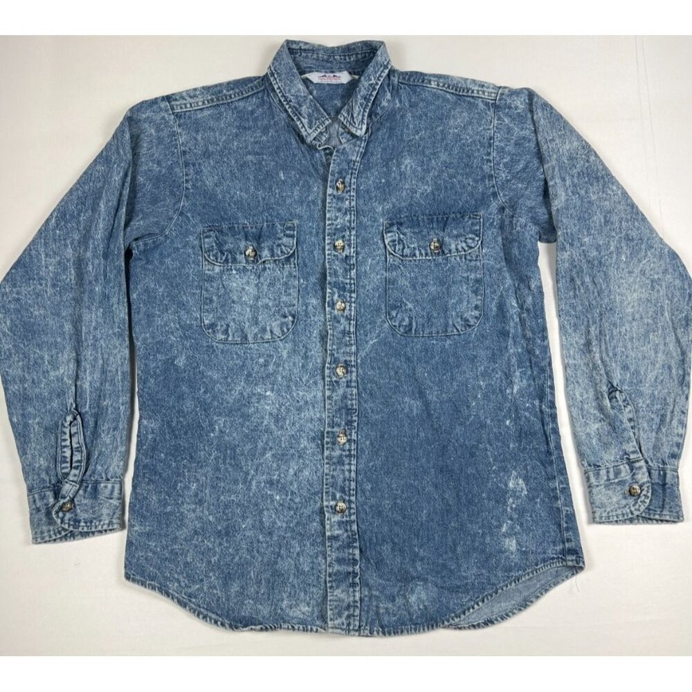 Dakota Men Medium Blue Acid Wash Denim Long Sleeve Button Up Shirt Made in USA